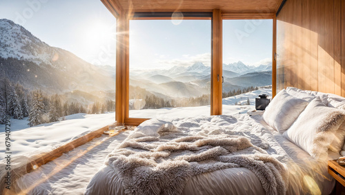 Beautiful cozy bedroom in an eco house in nature, winter