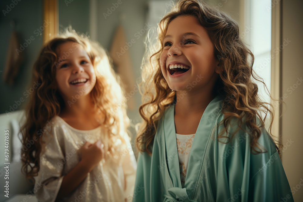 Children in the bathroom. Girls sisters wash and laugh in the bathroom in the morning. AI Generated Children in the bathroom. Girls sisters wash and laugh in the bathroom in the morning. AI Generated