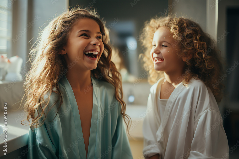 Children in the bathroom. Girls sisters wash and laugh in the bathroom ...