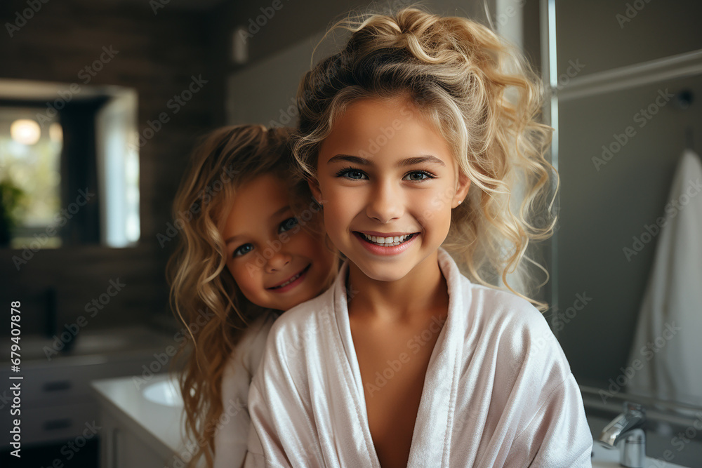 Children in the bathroom. Girls sisters wash and laugh in the bathroom ...
