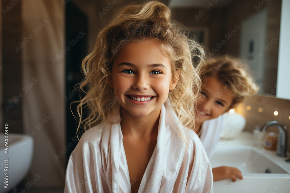 Children in the bathroom. Girls sisters wash and laugh in the bathroom ...