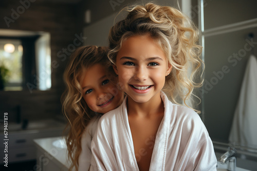 Children in the bathroom. Girls sisters wash and laugh in the bathroom in the morning. AI Generated