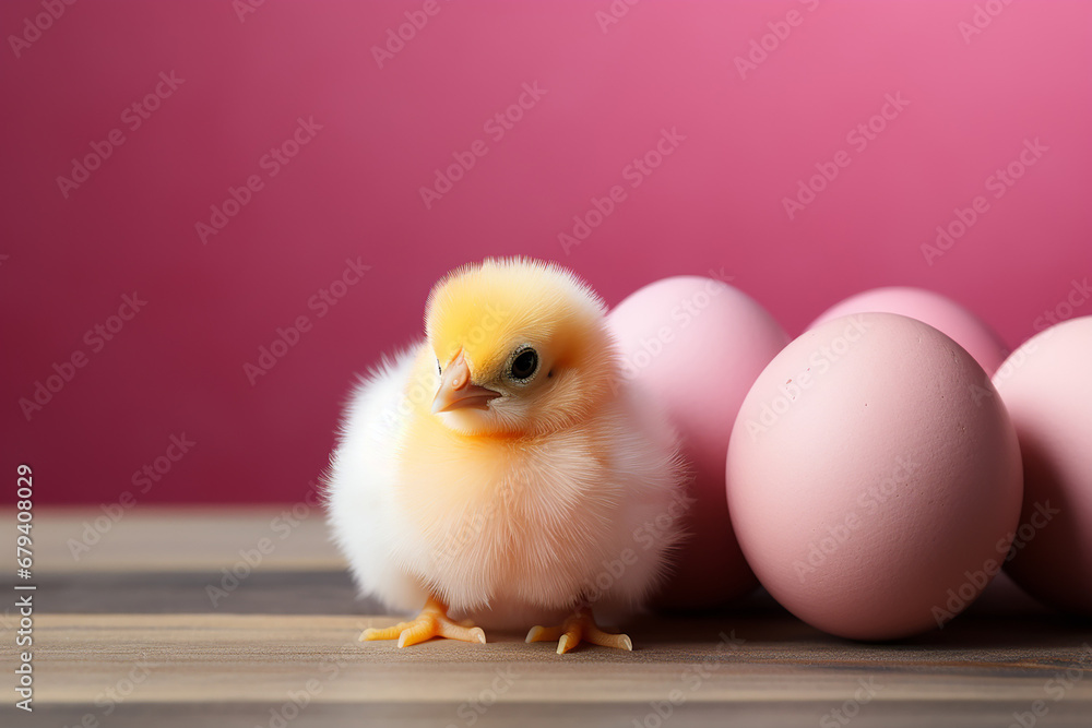 Pink, yellow, white eggs and cute chickens on a pink wooden background. Minimal concept. Easter card. AI Pink, yellow, white eggs and cute chickens on a pink wooden background. Minimal concept. Easter card. AI