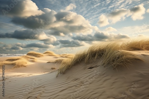 Coastal sand dunes with tall grass under a cloudy sky
