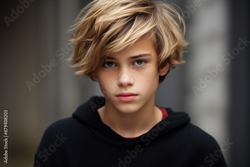 Portrait of a young boy with blonde shaggy hair photo