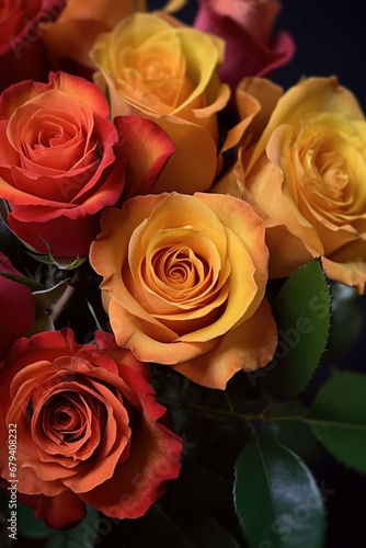 Close-up of roses in shades of yellow and red with a dark background