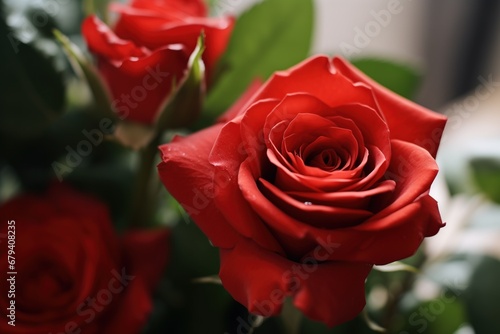 Vivid red rose with detailed petals and soft focus background