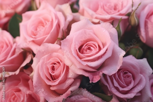 Bouquet of pink roses with water droplets on petals