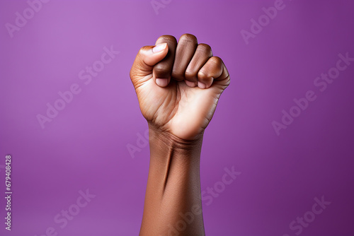 Woman's Fist on purple backgroundA symbol of the feminist movement, struggle and resistance. Clenched fist purple. International Day for the Elimination of Violence against Women.