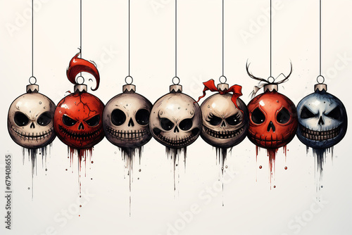 Hanging christmas balls with skull on white background. Grunge illustration.
