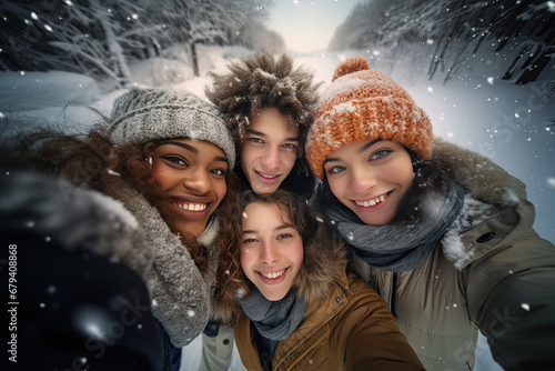 grupo de  jovenes amigas en la nieve haciéndose un selfie photo