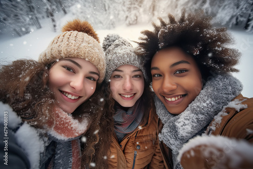 tres jovenes amigas en la nieve haciéndose un selfie photo