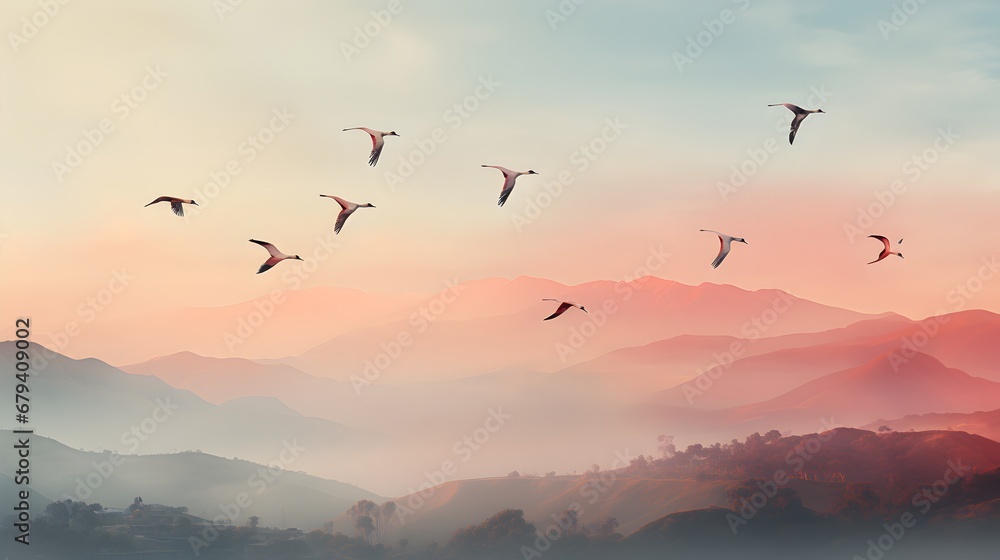 Foggy sunrise over lake with flying birds.