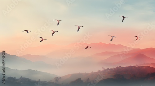 Foggy sunrise over lake with flying birds. © CosmicAtmoDN