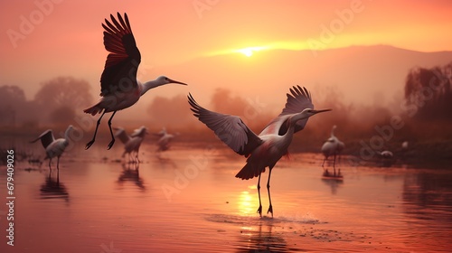 White storks flying over the lake at sunset,