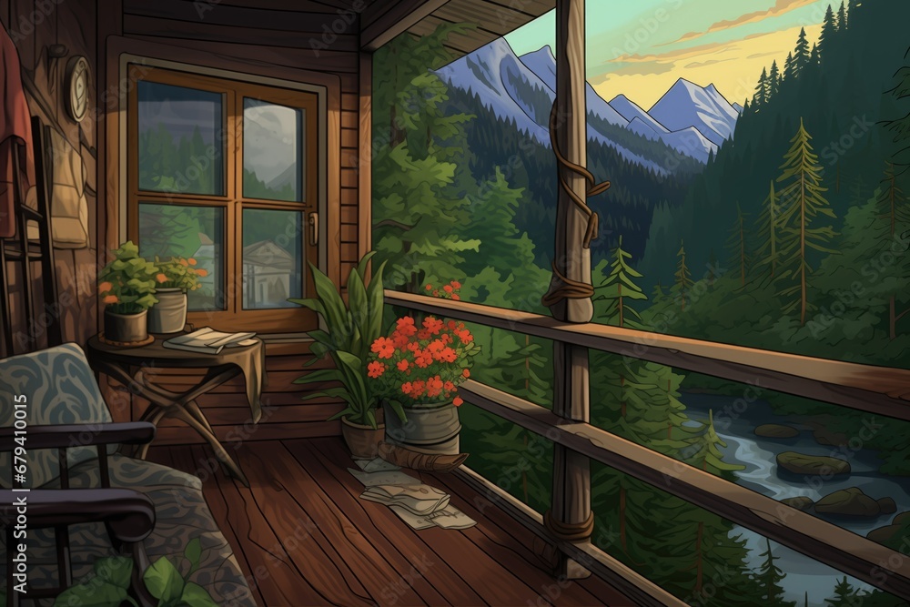 cabin balcony overlooking forest stream, magazine style illustration