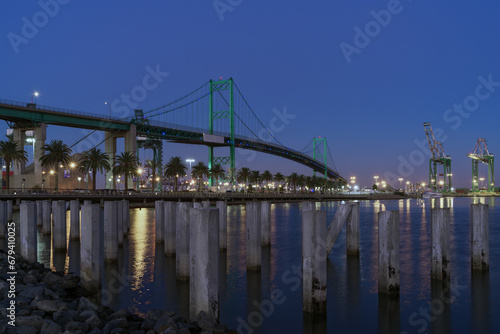 Port of Los Angeles dusk view, including the Vincent Thomas bridge in the background, shown in 2016.