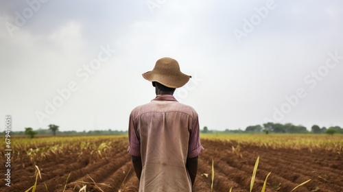 A man in a hat looks at his field after harvest.
