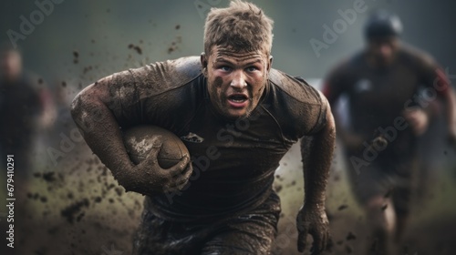 A rugby player covered in mud, running with a ball during a game.