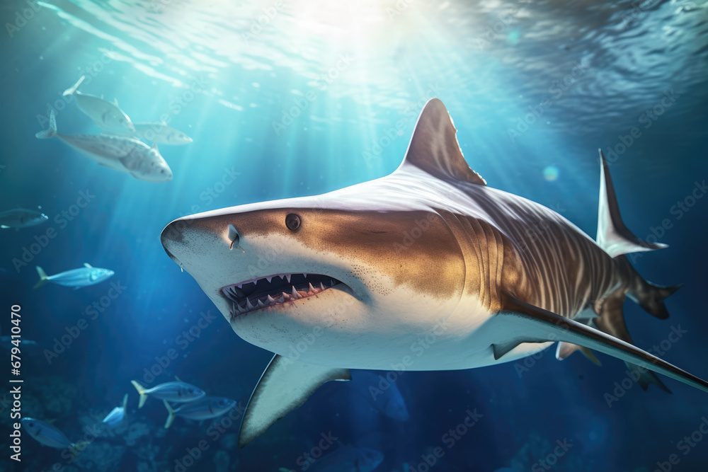 A shark with an open mouth swims underwater, generative AI. A shark with an open mouth swims underwater, generative AI.