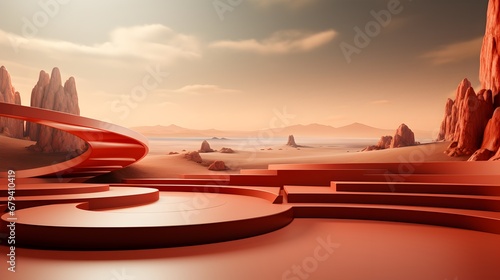 Abstract background with red waves and round podium.
