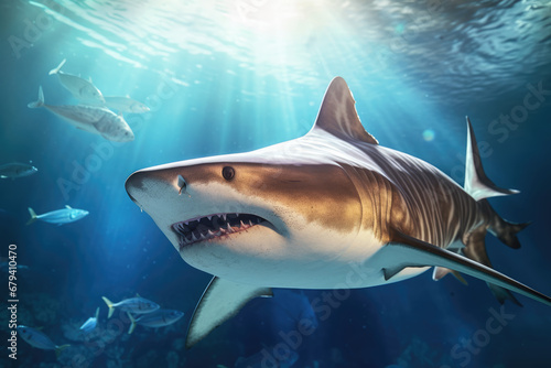 A shark with an open mouth swims underwater, generative AI.
