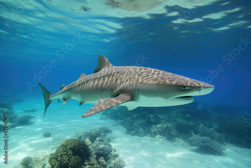 A shark with an open mouth swims underwater, generative AI.