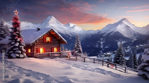 Winter landscape with mountain hut and snowfall. Christmas and New Year background. © CosmicAtmoDN