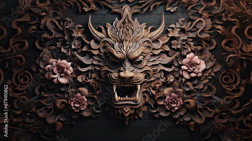 Intricate Asian dragon, wood carving technique photo