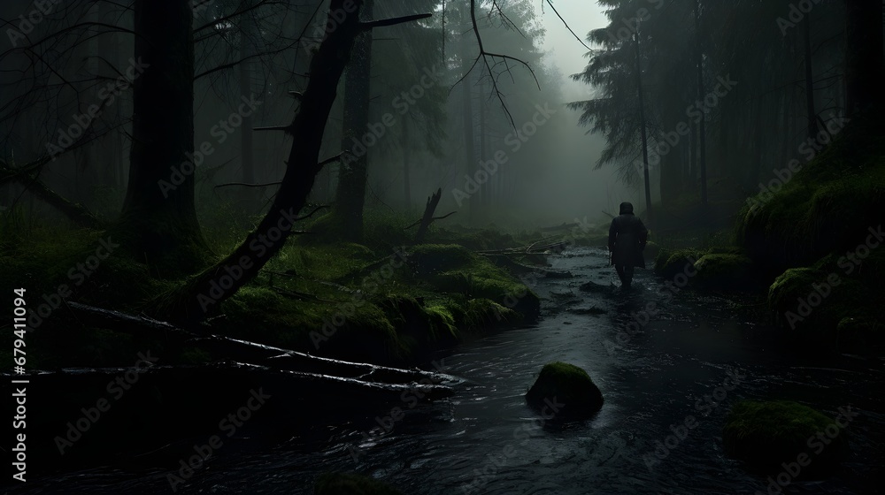 Fototapeta premium Mysterious dark forest with a small river flowing through it.