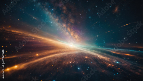 Cosmic background with abstract rays of light. Journey through the universe, galaxies, planets and stars. Time and space concept.
