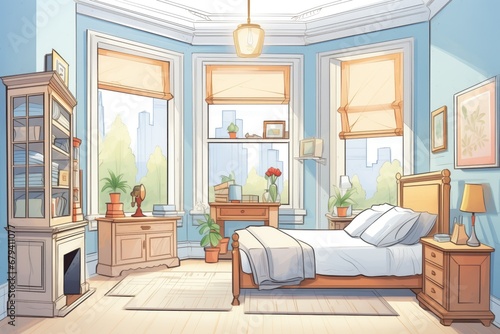 bay window in a victorian-style bedroom  magazine style illustration