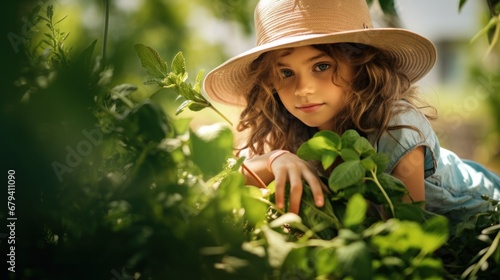 Young girl in hat hiding in grass.