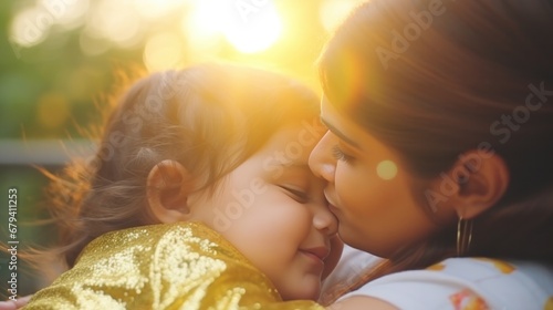 A mother and her child sharing a tender kiss under the warm sunlight. photo