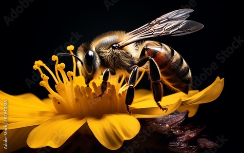 Honeybee Gathering Pollen on Bright Yellow Flower © Dina
