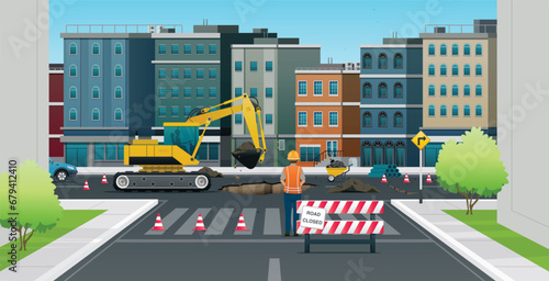 Workers are repairing roads using excavators in urban areas.