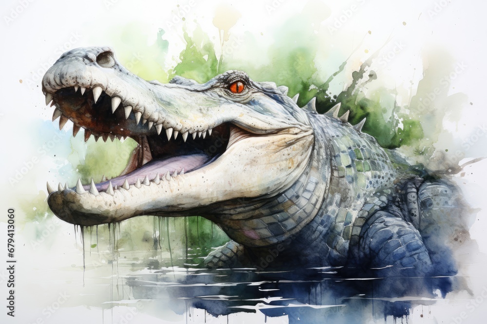 Obraz premium watercolor Crocodile, alligator tropical animal drawing by watercolor