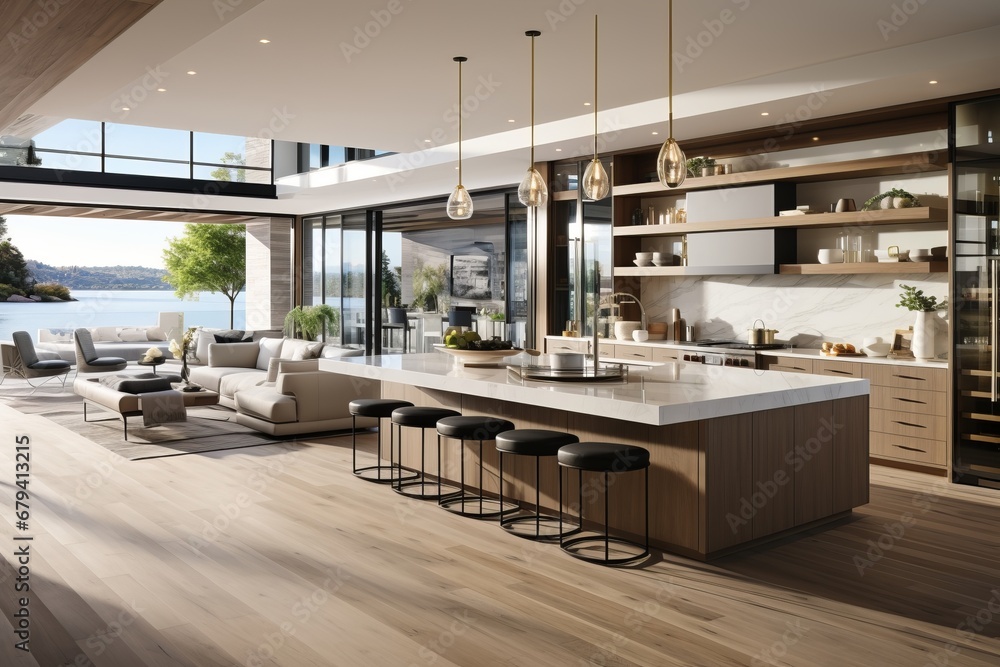 3d rendering of modern kitchen and dining room in a luxury house