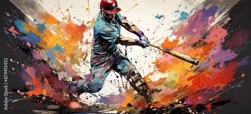illustration of a Baseball player with bat covered in multicolored paint splashes.sport splash.
 photo