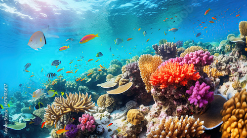Diverse soft corals and a shoal of fish in a tropical reef.