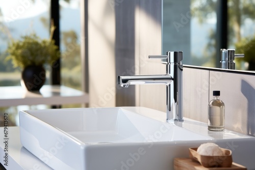 Modern faucet and washbasin in modern bathroom  closeup