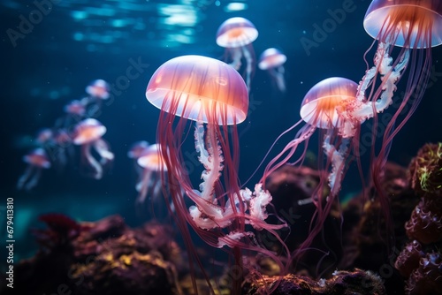 Beautiful jellyfish in the aquarium. Colorful jellyfish.