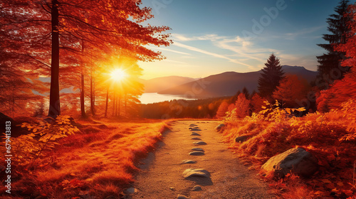 Natural autumn landscape with the sun in the forest and a mountain of orange leaves.