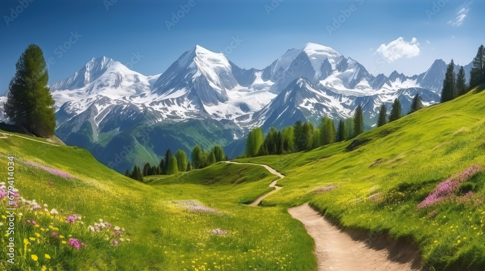 Idyllic mountain landscape in the Alps with blooming meadows in springtime.