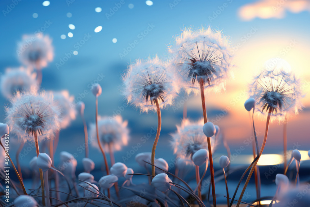 delicate airy dandelions against the sky at sunset or dawn