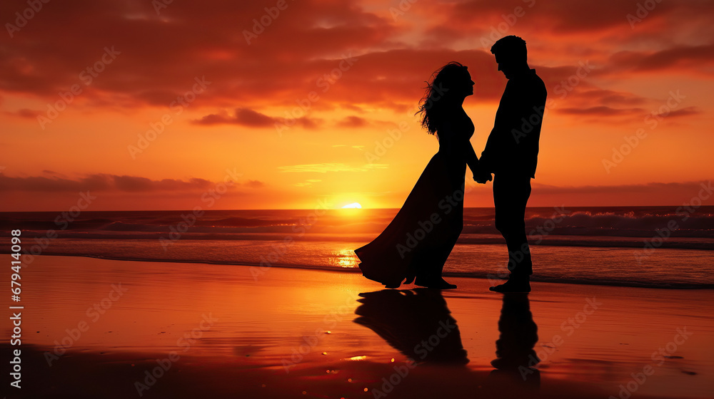 Silhouette of a couple on the beach at the sunrise.