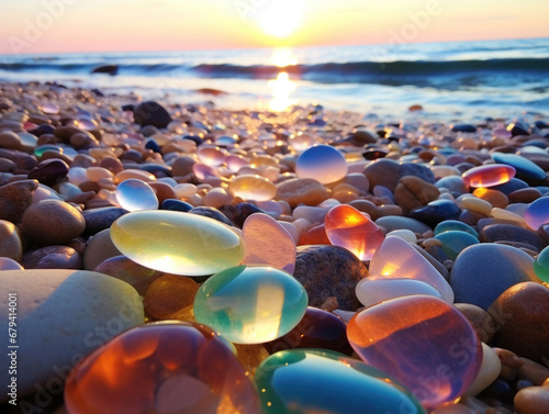 Glass beach at sunset, play of light in translucent colored pebbles, beautiful places on the planet, tourism