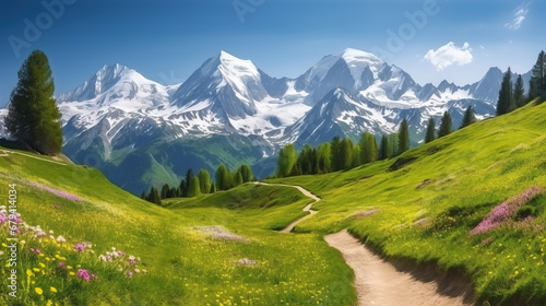 Idyllic mountain landscape in the Alps with blooming meadows in springtime.