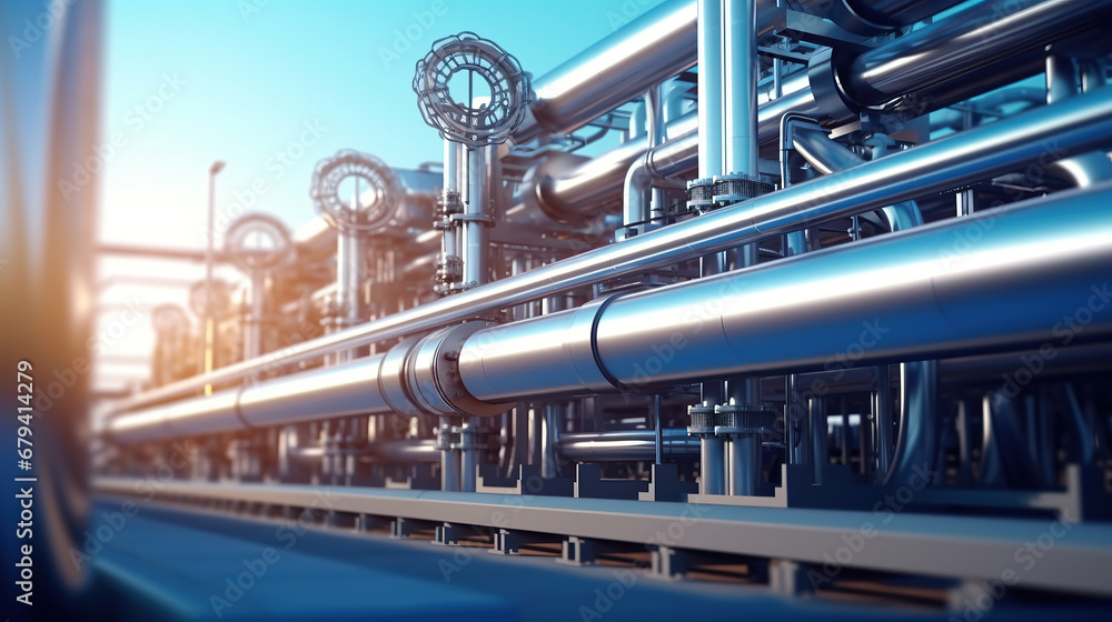 Pipeline and pipe rack of petroleum, chemical, hydrogen or ammonia industrial plant. Industrial zone Close up. - obrazy, fototapety, plakaty 