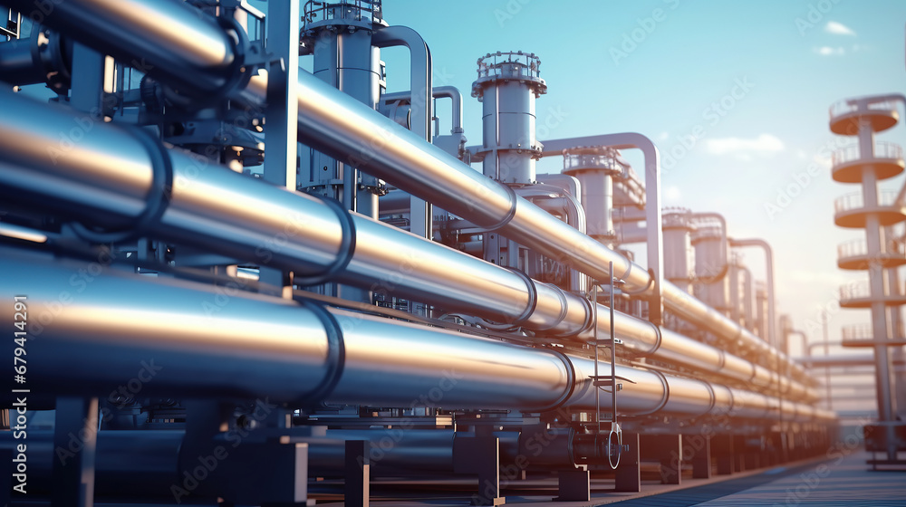 Pipeline and pipe rack of petroleum, chemical, hydrogen or ammonia industrial plant. Industrial zone Close up. Pipeline and pipe rack of petroleum, chemical, hydrogen or ammonia industrial plant. Industrial zone Close up.